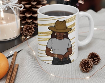 Cute Ceramic Mug, Gray and gold, Fashion Fedora hat