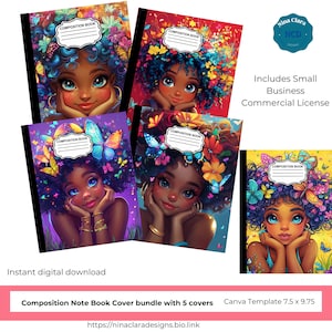 Custom African American Girl digital Composition Book Cover - Digital download