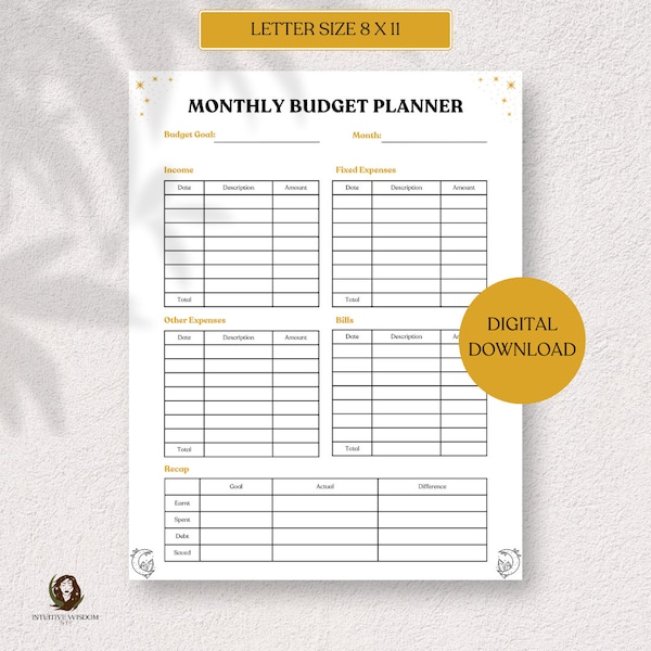 Printable Monthly Budget, Monthly Income, Monthly Budget Printable, PDF, US Letter, Instant Download