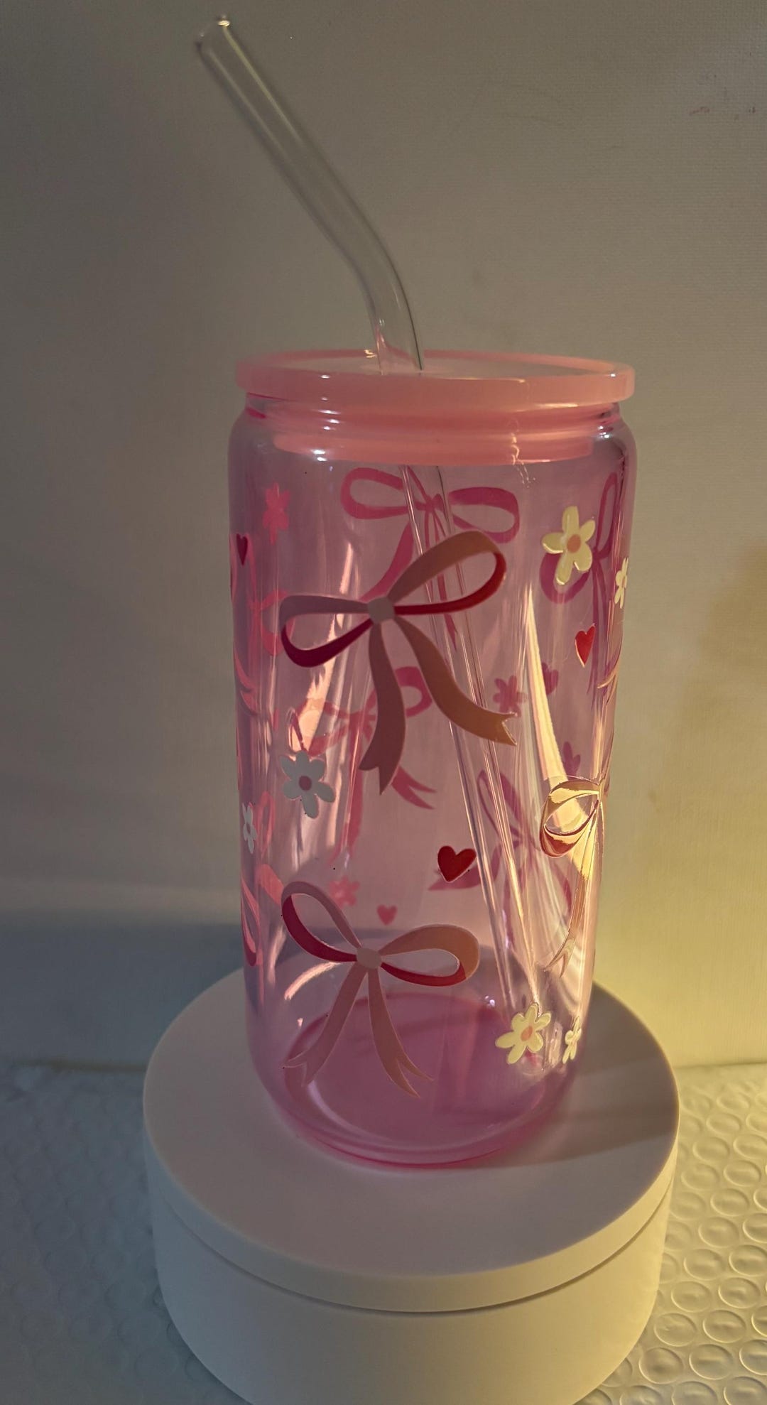 Pink Bow Glass Cup With Straw - Etsy