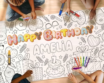 Camino de mesa personalizado para colorear con diseño de donas, mantel para actividades de fiesta de cumpleaños infantil