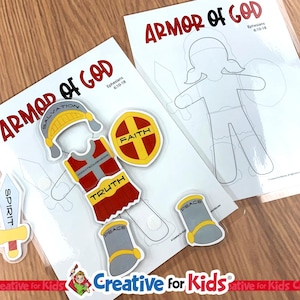 May include: Two sets of "Armor of God" craft kits. One set features cut-out armor pieces with words like "Salvation," "Truth," and "Faith." The other set has a blank outline of a person. The text "Armor of God" and "Ephesians 6:10-18" are printed on the packaging.