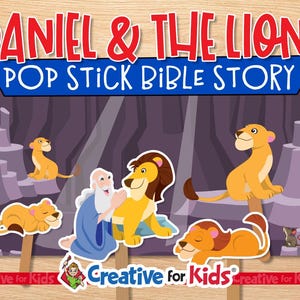May include: A children's pop stick Bible story set depicting "Daniel & The Lions." The image shows cartoon lions, a man in blue robes, and the text "Daniel & The Lions" and "Pop Stick Bible Story" in red and blue.