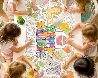 Camino de mesa para colorear personalizado con temática de safari en la jungla para cumpleaños, decoración personalizada para fiestas infantiles y juegos en grupo.