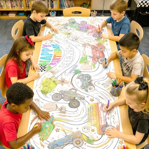 May include: A large rectangular paper coloring poster featuring a monster truck theme with winding tracks, various monster trucks, tools, and the text Happy Birthday Henry. The black and white line art design is partially colored with markers.