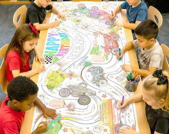 Juego de actividades personalizado para fiestas infantiles con temática de Monster Truck para colorear y decorar mesas de cumpleaños.