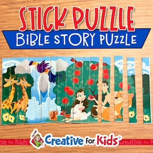 Puede incluir: Un colorido rompecabezas de la historia bíblica con el texto "STICK PUZZLE BIBLE STORY PUZZLE". El rompecabezas presenta ilustraciones de jirafas, pájaros, un tucán y figuras de una historia bíblica. El rompecabezas está hecho de tiras verticales.