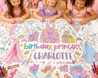 Princess Birthday Coloring Table Runner Personalized Party Activity, Kids Coloring Tablecloth