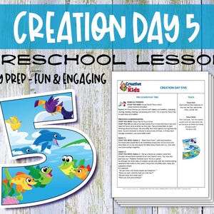 May include: A preschool lesson plan titled "Creation Day 5" with the text "Easy Prep - Fun & Engaging." The image includes a colorful number 5 with cartoon sea creatures and a stack of lesson plan pages.