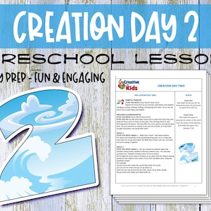Puede incluir: Un plan de lección preescolar titulado "Día de la Creación 2" con el texto "Preparación fácil - Divertido y atractivo". La imagen incluye un número 2 estilizado con un diseño de cielo azul y olas, y una pila de páginas de lecciones impresas.