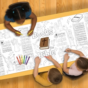 May include: Children coloring a large, white coloring sheet with the words "Books of the Bible" and illustrations of Bible stories. The sheet includes the names of the books of the Bible. Crayons and markers are visible.