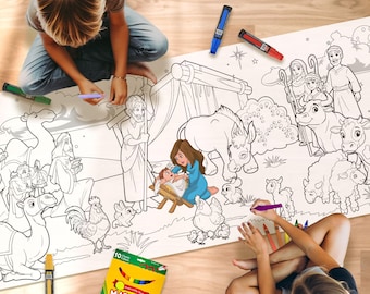 May include: Two children color a large, black and white nativity scene coloring sheet with markers. The scene includes figures like Mary, Joseph, baby Jesus, animals, and angels. A box of 10 markers is visible. The children are sitting on a wooden floor.