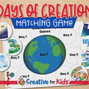 May include: A colourful "Days of Creation Matching Game" featuring a large Earth graphic and circular illustrations representing each day. The game includes text such as "Day 1" through "Day 7" and the words "Creative for Kids".