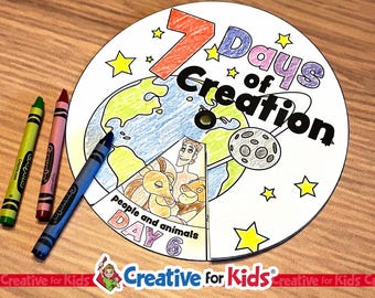 Ruota da colorare della Creazione in 7 giorni: attività interattiva digitale a tema biblico per bambini, ideale per la scuola domenicale e l'istruzione a casa.