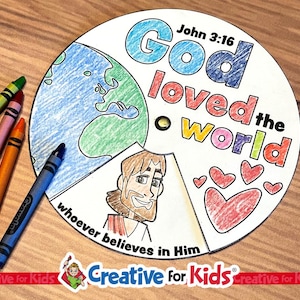 May include: A circular coloring page with the text "God loved the world" and "John 3:16". The page features a drawing of the Earth, hearts, and a figure. Crayons in green, pink, orange, and blue are next to the page.