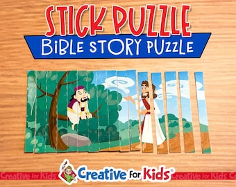 Rompecabezas de palitos de Jesús llama a Zaqueo: Historia bíblica imprimible (descarga digital)