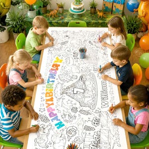 May include: A long, rectangular paper coloring activity sheet featuring dinosaur illustrations, the text "HAPPY BIRTHDAY" in yellow and blue, and the name "William" next to a volcano graphic with the number 7, designed for group coloring.