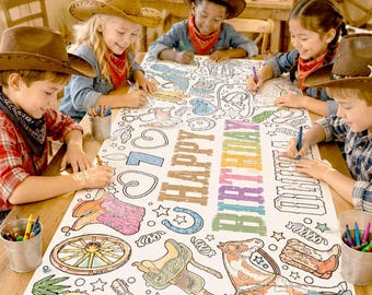 Camino de mesa para colorear personalizado de cumpleaños de vaquero, actividad de fiesta de rodeo del oeste, decoración personalizada para niños