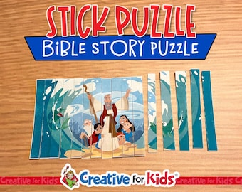 Rompecabezas de palos de Moisés y las partes del Mar Rojo: imprimibles bíblicos digitales para la escuela dominical y actividades de educación en el hogar