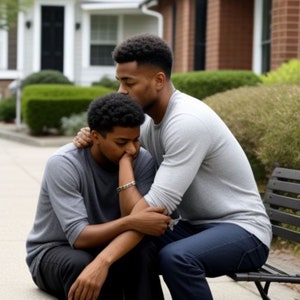 May include: A man comforts a young man by placing his hand on his shoulder and leaning in close. They are both wearing grey shirts and sitting on a bench.