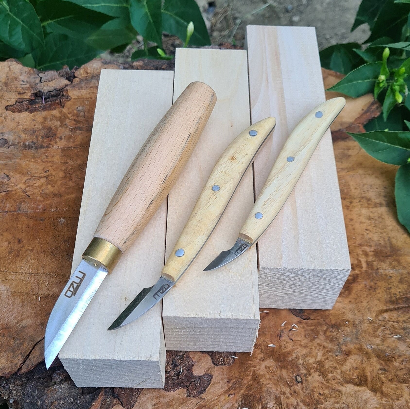 5 PC Chip Set - Wood Carving Knives and 5 Pocket Leather Tool Roll - Woodcarving, Whittling, Decoy, DIY Crafts