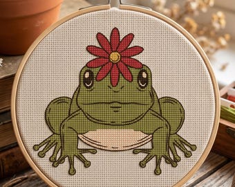 Frog Cross Stitch Pattern PDF Chart Instant Download - Vintage Cottagecore Embroidery Design