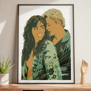 May include: A framed art print featuring a stylized illustration of a couple in shades of green, tan, and black. The woman has long dark hair and wears a patterned top, while the man has light hair. The text Off Campus is printed in white.