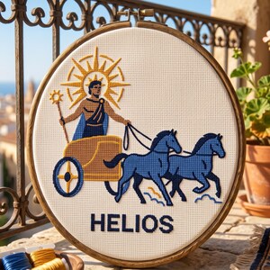 May include: A circular wooden embroidery hoop containing a cross-stitch design of a figure in a golden chariot pulled by two blue horses. The figure holds a staff and has a sunburst halo. The word HELIOS is stitched in dark blue at the bottom.