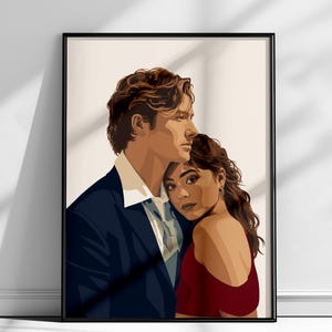 Puede incluir: Una ilustración digital enmarcada que muestra a una persona con cabello castaño ondulado vistiendo un blazer azul oscuro y camisa blanca, detrás de otra persona con cabello castaño largo y una blusa roja de hombros descubiertos sobre fondo crema.