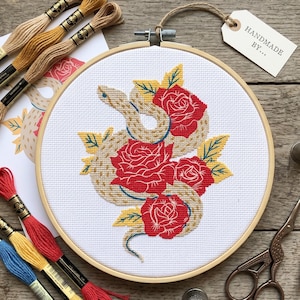 Snake with Flowers Counted Cross Stitch Patterns Set of 2, Embroidery Charts PDF Template
