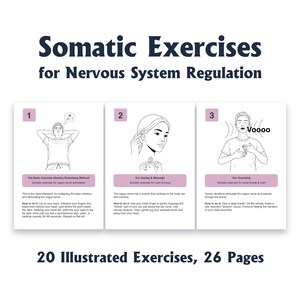Peut inclure: Un guide illustré blanc et violet intitulé "Exercices Somatiques pour la Régulation du Système Nerveux". Le guide présente trois illustrations d'exercices avec des instructions. Le texte indique "20 Exercices Illustrés, 26 Pages."