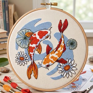 Peut inclure: Un tambour de broderie au point de croix terminé, représentant deux carpes koï orange, rouge et blanches, nageant dans un motif d'eau bleu. Le motif comprend des fleurs blanches et bleues et des nénuphars verts, sur un tissu crème.