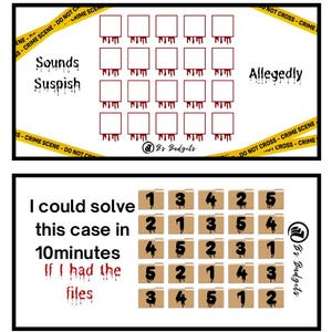 May include: A graphic with crime scene elements. The top section has boxes with blood drips and text that says "Sounds Suspish" and "Allegedly". The middle section has a puzzle with numbers. The bottom section has crime scene icons.