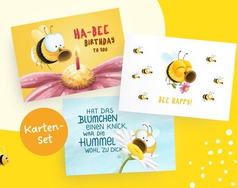 Bumblebee postcard set, 3 motifs with sayings, funny greeting cards, DIN A6, illustration with heart