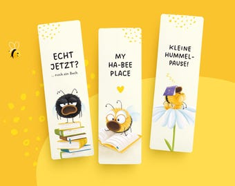 Funny bumblebee bookmarks in a set of 3, gift idea for book lovers, with sayings, printed on both sides, bumblebee humor for bookworms