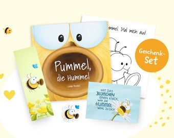 Children's book gift set for ages 3 and up with Pummel, the bumblebee, including book, postcard, stickers, bookmark, and coloring pages. Gift for bumblebee fans.