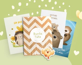 Surprise bag postcard stickers, cute animal motifs, 3 postcards DIN A6, 1 vinyl sticker, colorful mix set as a gift idea