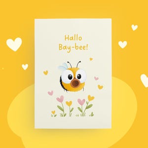 Geburtskarte "Hallo Bay-Bee" mit Baby-Hummel, Postkarte zur Geburt, Herzblumen, liebevoll illustriert, Glückwunschkarte für Babys und Eltern