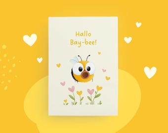 Birth card "Hello Bay-Bee" with baby bumblebee, postcard for birth, heart flowers, lovingly illustrated, congratulations card for babies and parents