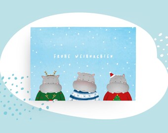 Karte Weihnachten Nilpferde, Weihnachtspostkarte, Geschenk Weihnachten, Postkarte mit Nilpferden