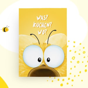 Geburtstagskarte Hummel Pummel, Lustige Postkarte mit Spruch „Was? Kuchen? Wo?“, Tierkarte, süße Illustration, witzige Karte zum Geburtstag