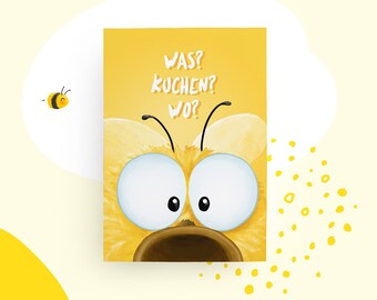 Birthday card Bumblebee Pummel, funny postcard with saying "What? Cake? Where?", animal card, cute illustration, funny birthday card