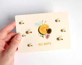 Bee happy Postkarte mit Hummeln, Birkenholzpapier mit abgerundeten Ecken