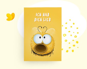 Postcard “I love you” – cute bumblebee with heart antennae, card for children, mom, friendship, love