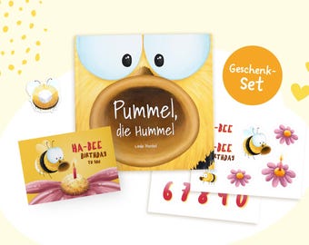 Children's birthday gift set with book, card, stickers, cake topper, Pummel the Bumblebee, set for children from 3 years