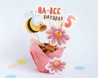 DIY cake topper children's birthday, Happy Birthday cake topper bumblebee, cake decoration bumblebee, craft set party decoration with wooden sticks