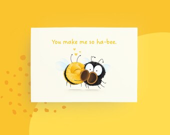 Postcard bumblebee “You make me so ha-bee”, card friendship love humor, gift favorite person, chubby and grumble