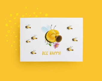 Funny bumblebee card – “Bee Happy” with chubby little bumblebee, postcard for greetings & birthdays