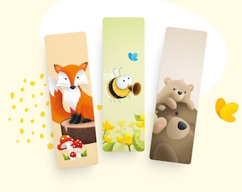 Bookmarks animals set of 3, bumblebee, fox and bear, lovingly illustrated book friends for children, gift for bookworms