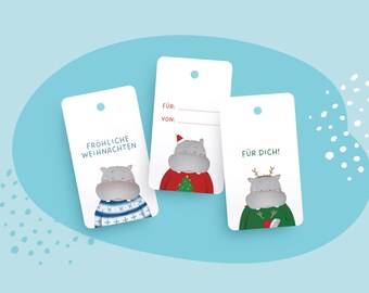 Weihnachtliche Geschenkanhänger mit Nilpferden, 3er-Set, Weihnachtsdeko, Geschenkverpackung, Ugly Christmas Sweater, Hippo-Design